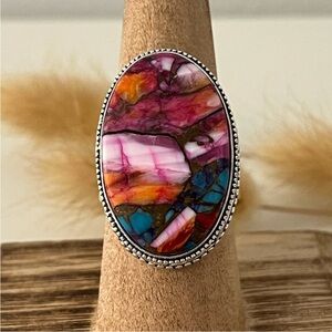 New 925 Stamped Silver Overlay Pink Dahlia Turquoise Gemstone Ring Size 9